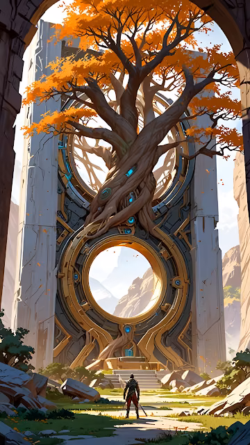 Ancient Portal Gate Autumn Tree Fantasy Scene - Free 4K & 8K Mobile Wallpaper