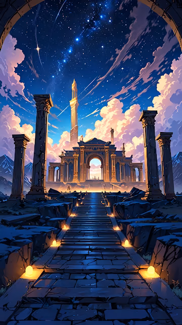Ancient Ruins Under Starry Sky with Glowing Path - Free 4K & 8K Mobile Wallpaper