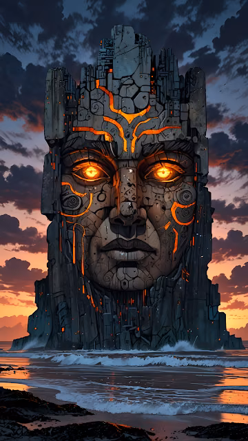 Ancient Stone Colossus Statue with Glowing Magma Eyes - Free 4K & 8K Mobile Wallpaper