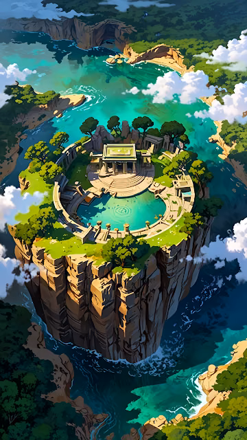 Ancient Stone Temple on Floating Cliff Island Sanctuary Art - Free 4K & 8K Mobile Wallpaper