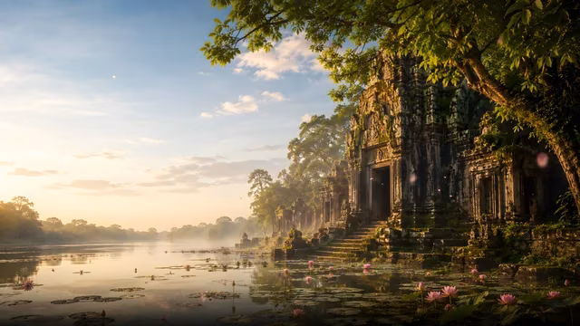 Pink lotus flowers float in a calm pond before an ancient stone temple under morning sunbeams.