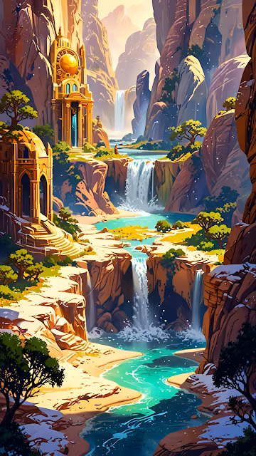Ancient Temple in Canyon with Waterfalls and Turquoise River - Free 4K & 8K Mobile Wallpaper