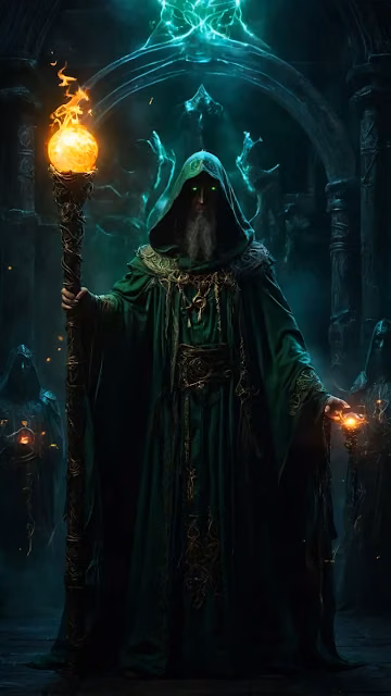 Ancient wizard in green robe wields flaming staff in dark temple - Free 4K & 8K Mobile Wallpaper