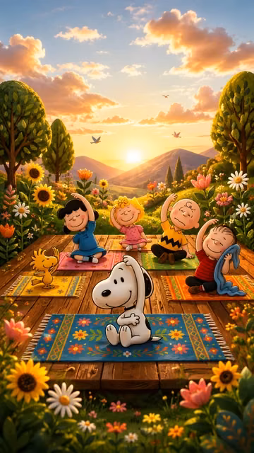 Playful cartoon characters and dog sitting on colorful mats doing yoga stretches on a wooden deck in a sunlit garden.