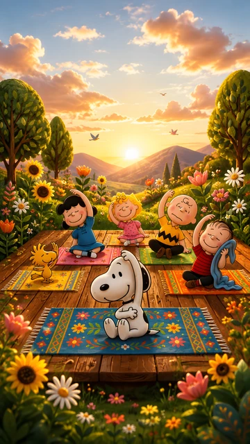 Playful cartoon characters and dog sitting on colorful mats doing yoga stretches on a wooden deck in a sunlit garden.