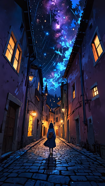 Anime Alleyway Night Sky Nebula Shooting Stars Art - Free 4K & 8K Mobile Wallpaper