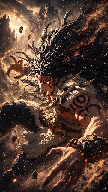 Dynamic action illustration of a fierce anime warrior unleashing lightning and volcanic power. Fierce anime warrior with wild black hair, glowing eyes, and bone armor lunging forward surrounded by embers.