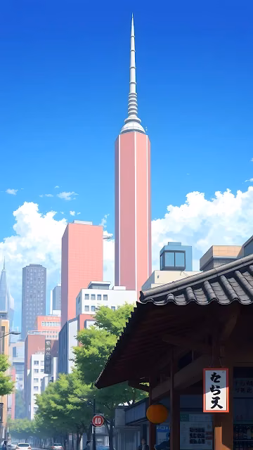 Anime City Street with Traditional Roof and Pink Skyscraper - Free 4K & 8K Mobile Wallpaper