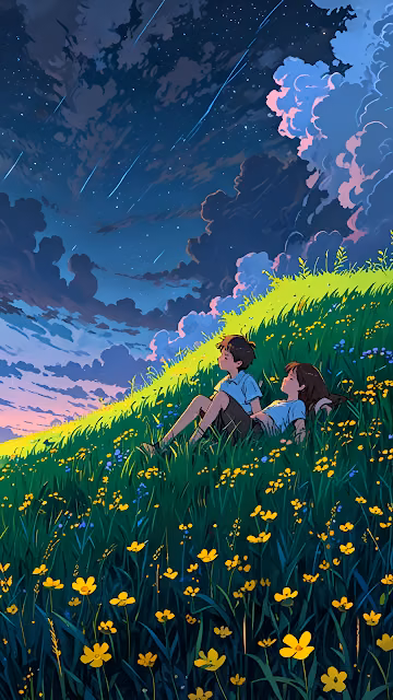 Anime Couple Stargazing on Flowery Hill, Cinematic Night Sky - Free 4K & 8K Mobile Wallpaper