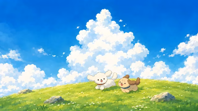 Anime style illustration of two small fluffy dogs running on a grassy green hill under a blue sky with fluffy clouds.