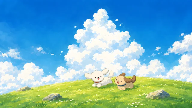 Two illustrated dogs play on a sunny green hilltop under towering summer clouds. Anime style illustration of two small fluffy dogs running on a grassy green hill under a blue sky with fluffy clouds.