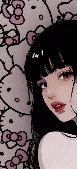 Anime Girl with Black Hair Beside Hello Kitty Pattern - Free 4K & 8K Mobile Wallpaper