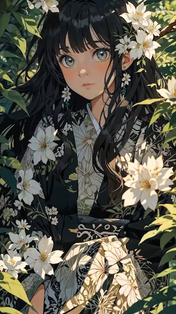 Anime Girl in Floral Kimono Amidst Blooms - Free 4K & 8K Mobile Wallpaper