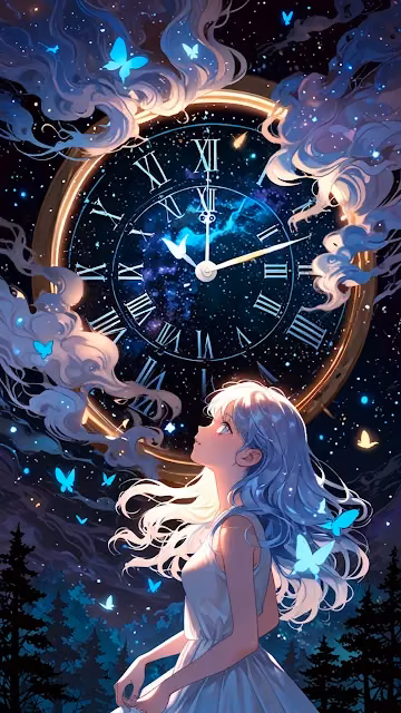 Anime Girl Gazing at Cosmic Clock and Blue Butterflies - Free 4K & 8K Mobile Wallpaper