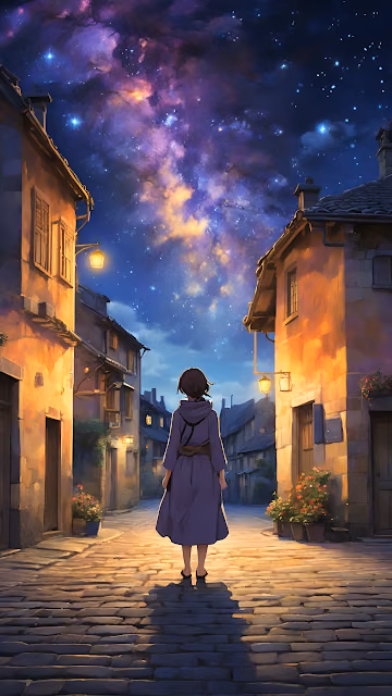 Anime Girl Stargazing Cobblestone Village Nebula Sky - Free 4K & 8K Mobile Wallpaper