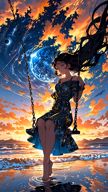 Anime Girl Swinging Over Ocean with Cosmic Sunset Sky - Free 4K & 8K Mobile Wallpaper