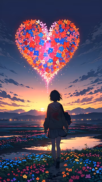 Anime Girl Walking Towards Glowing Floral Heart Sunset - Free 4K & 8K Mobile Wallpaper