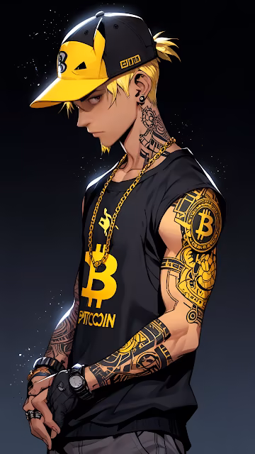 Anime Man with Bitcoin Tattoos and Gold Chain in Space - Free 4K & 8K Mobile Wallpaper