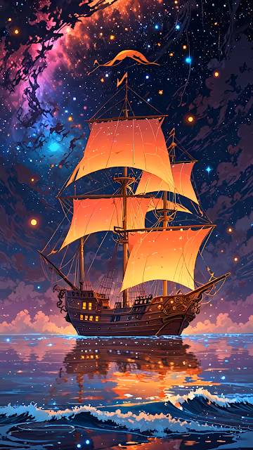 Anime Pirate Ship Sailing Under Colorful Cosmic Nebula Sky - Free 4K & 8K Mobile Wallpaper