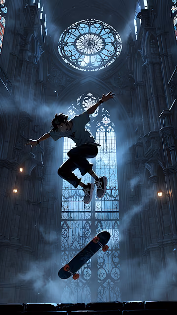 Anime Skateboarder Ollie in Mystical Gothic Church Interior - Free 4K & 8K Mobile Wallpaper