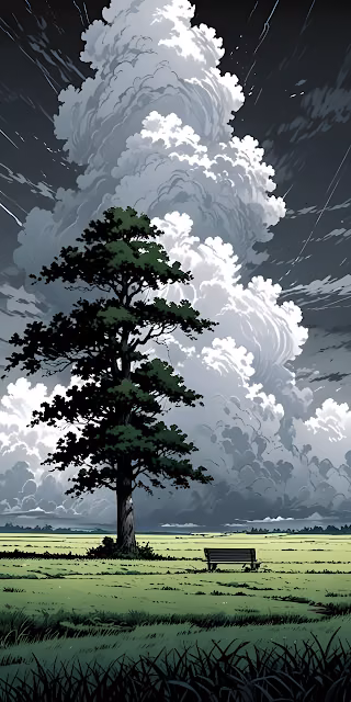 Anime Style Storm Clouds Over Solitary Tree and Meadow - Free 4K & 8K Mobile Wallpaper