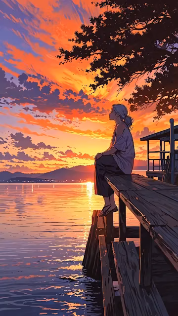 Anime Sunset Serenity on Wooden Pier Dockside View - Free 4K & 8K Mobile Wallpaper