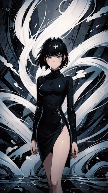 Anime Woman in Black Dress with Swirling Energy - Free 4K & 8K Mobile Wallpaper