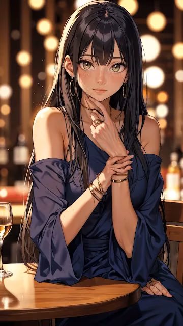 Anime Woman in Blue Dress at Bar with Wine - Free 4K & 8K Mobile Wallpaper