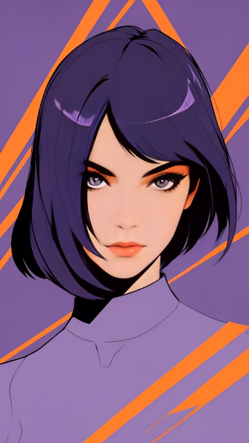 Anime Woman with Purple Hair Against Geometric Orange Background - Free 4K & 8K Mobile Wallpaper