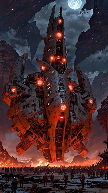 Apocalyptic Alien Warship Landing Over Fiery Crowd - Free 4K & 8K Mobile Wallpaper