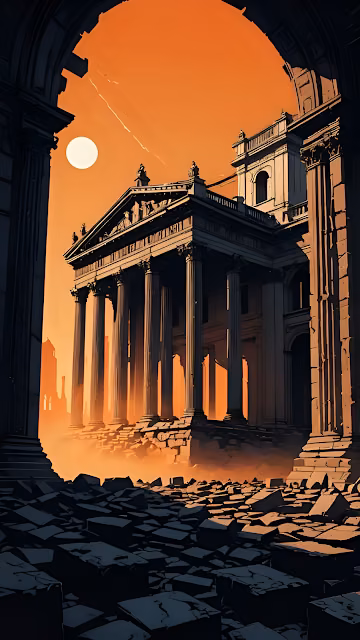 Apocalyptic Roman Ruins Illustration with Orange Sky - Free 4K & 8K Mobile Wallpaper
