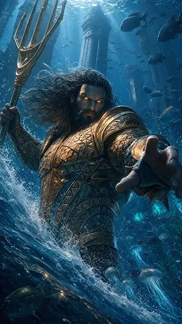 Aquaman commands the ocean with a golden trident alongside jellyfish and underwater ancient columns. Aquaman holding a golden trident underwater surrounded by marine life, jellyfish, and submerged columns.