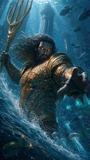 Aquaman commands the ocean with a golden trident alongside jellyfish and underwater ancient columns. Aquaman holding a golden trident underwater surrounded by marine life, jellyfish, and submerged columns.