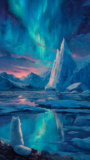 Arctic Fox Gazing at Vibrant Aurora Borealis Ice Landscape - Free 4K & 8K Mobile Wallpaper
