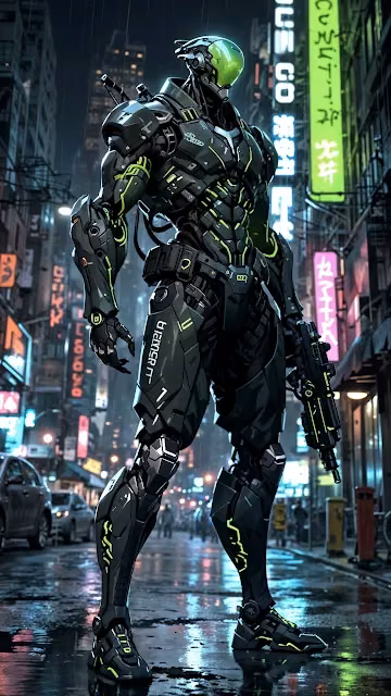Armored Cyborg with Gun in Neon Cyberpunk City - Free 4K & 8K Mobile Wallpaper