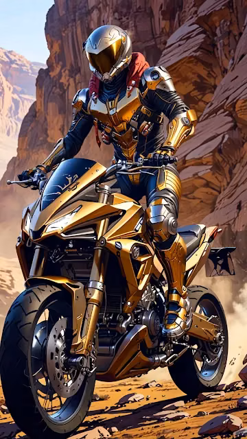 Armored rider on golden motorcycle through desert canyon - Free 4K & 8K Mobile Wallpaper