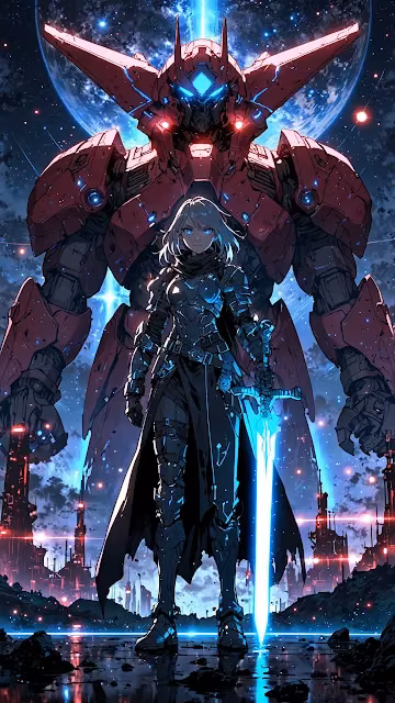 Armored Warrior with Glowing Sword and Mech - Free 4K & 8K Mobile Wallpaper