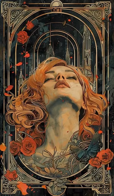 Art Nouveau Portrait Woman Gothic Arches and Red Roses - Free 4K & 8K Mobile Wallpaper