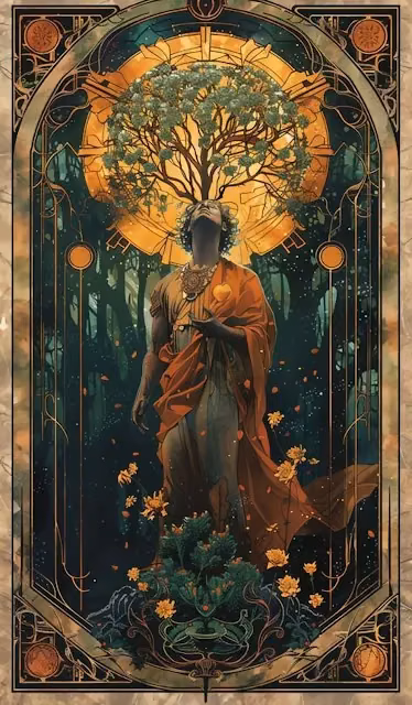 Art Nouveau Tree of Life Mystic Figure Golden Sun Tarot Style - Free 4K & 8K Mobile Wallpaper