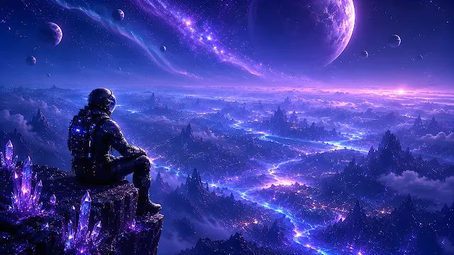 Astronaut in a space suit sitting on a cliff overlooking a glowing purple landscape with giant moons.