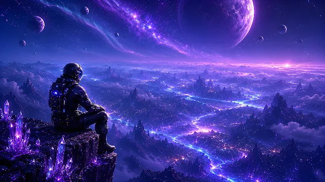 Astronaut in a space suit sitting on a cliff overlooking a glowing purple landscape with giant moons.