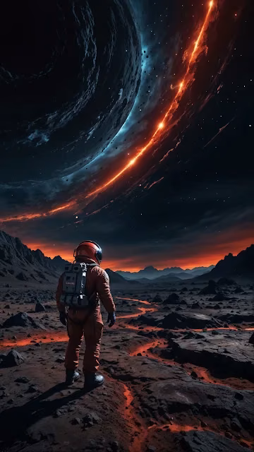 Astronaut on Alien Planet Under Fiery Sky - Free 4K & 8K Mobile Wallpaper