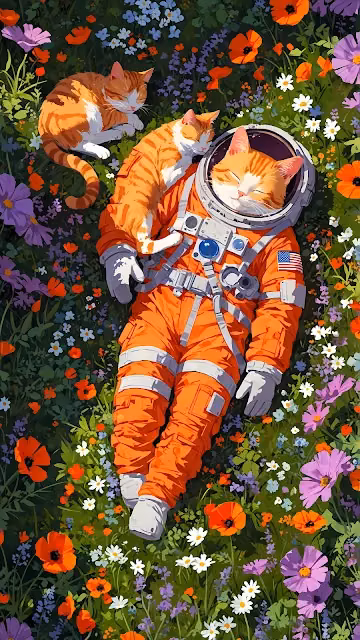 Astronaut Cat Sleeping in a Field of Wildflowers - Free 4K & 8K Mobile Wallpaper