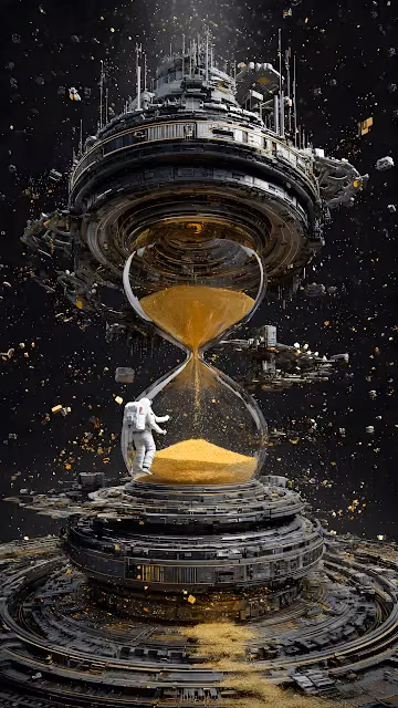 Astronaut in Cosmic Hourglass Time Machine Sculpture - Free 4K & 8K Mobile Wallpaper