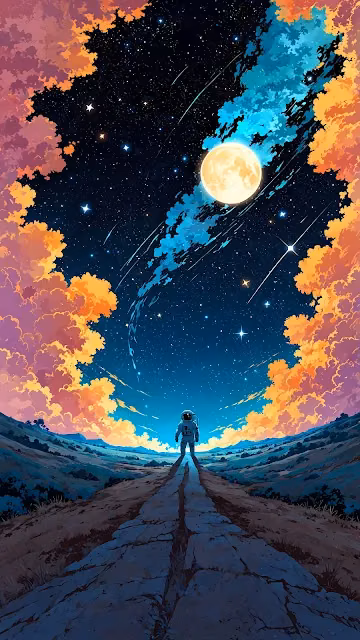 Astronaut on Cracked Path Under Cosmic Sky and Moon - Free 4K & 8K Mobile Wallpaper