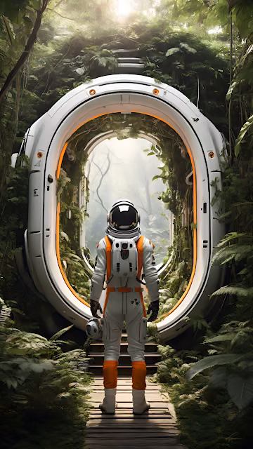 Astronaut Explorer at Jungle Portal Gateway - Free 4K & 8K Mobile Wallpaper