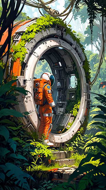 Astronaut Exploring Overgrown Sci Fi Jungle Ruins - Free 4K & 8K Mobile Wallpaper