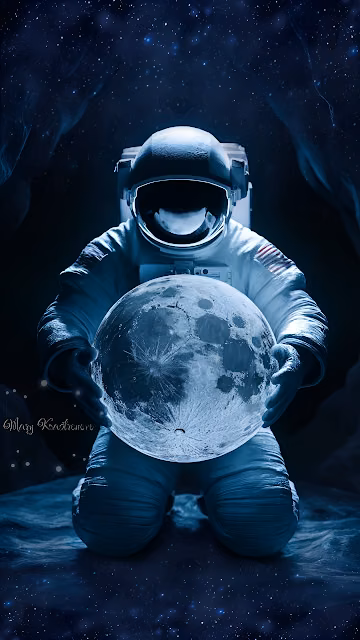 Astronaut Kneeling with Moon in Cosmic Starry Space - Free 4K & 8K Mobile Wallpaper