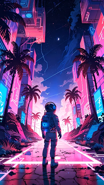 Astronaut Neon City Street Palm Trees Synthwave Art - Free 4K & 8K Mobile Wallpaper