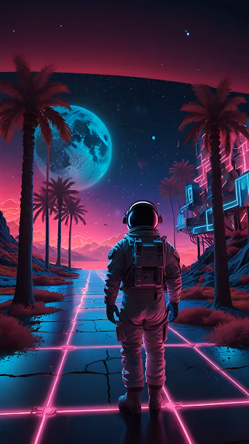 Astronaut on Neon Grid Road Under Cyan Moon - Free 4K & 8K Mobile Wallpaper